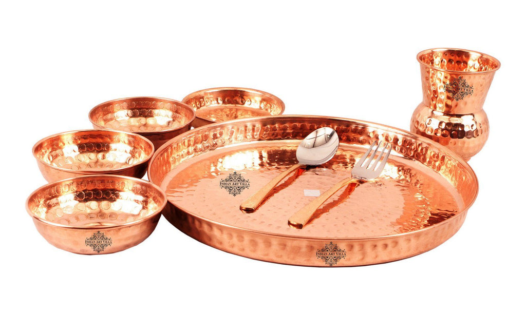 13" Inch Copper Traditional 8 Piece Thali Dinner Set Copper Ware Tableware Combo Indian Art Villa 