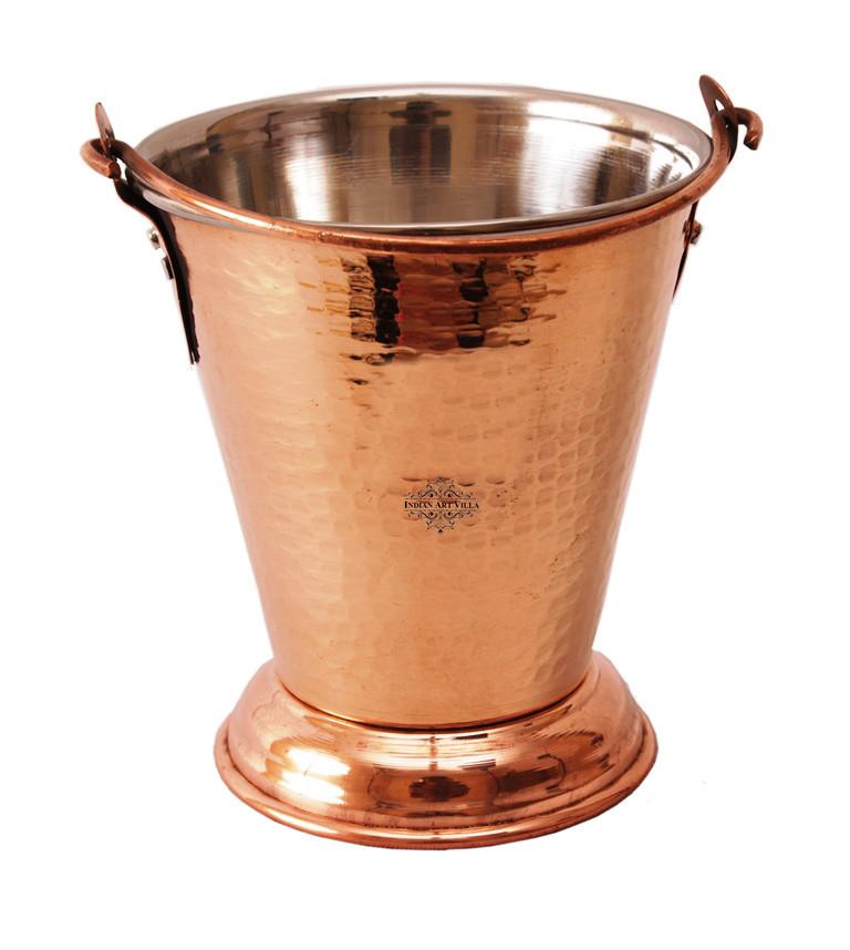 4 Steel Copper Serving Set -1 Bucket | 300 ML | with 1 Punjabi Handi | 450 ML | & 1 Kadai | 350 ML | & 1 Handi | 300 ML Steel Copper Serve Ware Combo Indian Art Villa