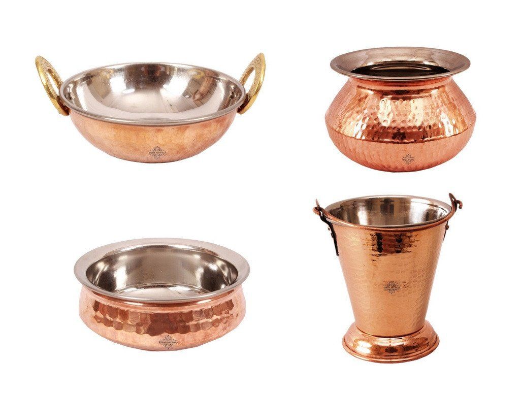 4 Steel Copper Serving Set -1 Bucket | 300 ML | with 1 Punjabi Handi | 450 ML | & 1 Kadai | 350 ML | & 1 Handi | 300 ML