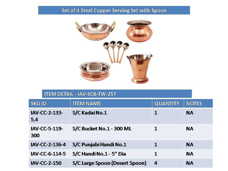 4 Steel Copper Serving Set -1 Bucket | 300 ML | with Punjabi Handi | 450 ML | & Kadai | 350 ML | & Handi | 300 ML | & 4 spoons Steel Copper Serve Ware Combo Indian Art Villa
