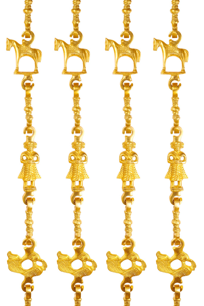 Brass Jhula Chain Horse, Men Guard, Peacock with 3 step Designer Chain 75.3" Inch Each, Set of 4