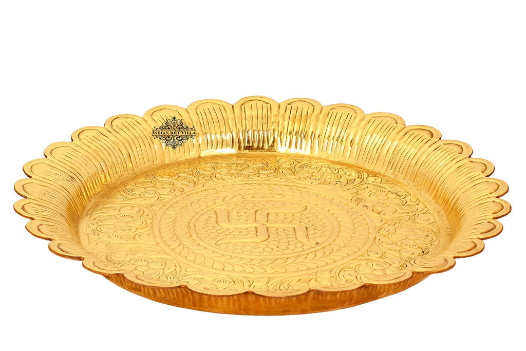 Brass Swastik Design Pooja Thali Plate | Poojan Temple Home |Diameter 10.5" Inch