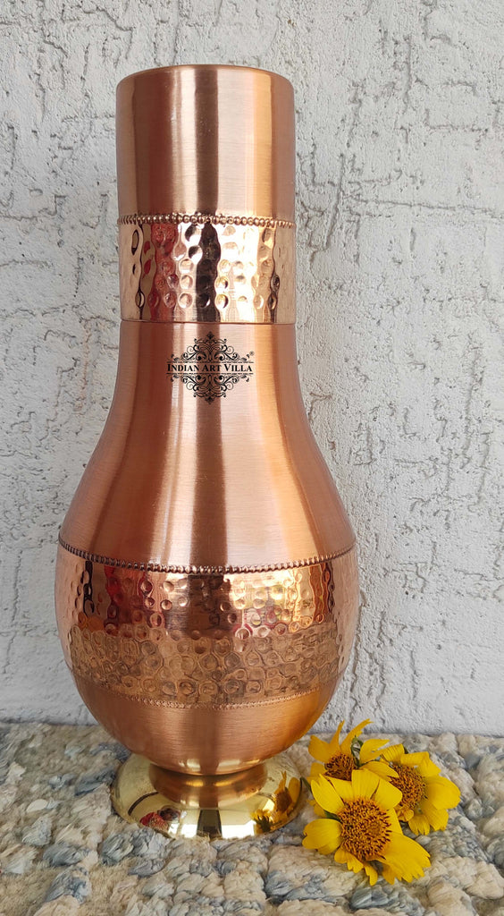 Indian Art Villa Pure Copper Hammered Lacquer Coated Leak Proof Surai Shaped Bedroom Bottle with a Built-in Glass, Drinkware, Serveware, Bottle : 925 ml, Glass : 250 ml