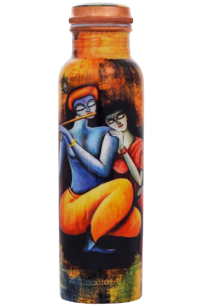 Indian Art Villa Pure Copper Radha Krishna Printed Design Lacquer Coated Water Bottle,Health Benefits,Storage Water  | Drinkware | 1000 ML