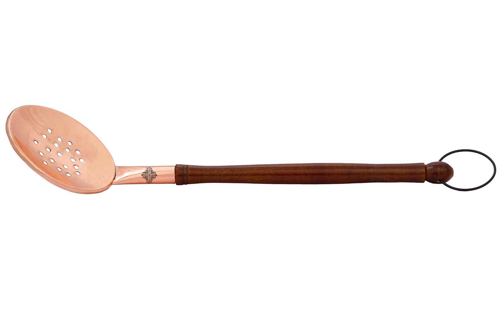 Copper Slotted Serving Spoon With Wooden Handle And Hanging Ring,  15.3" Inch,