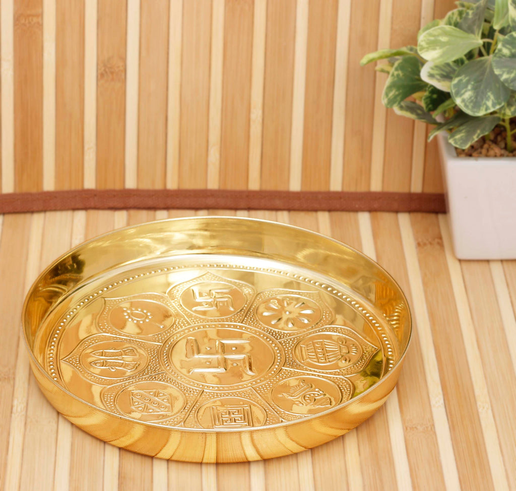 Astmanghal Brass Puja Thali Plate Platter, Religious Spiritual Item, Home Temple, 20 cm