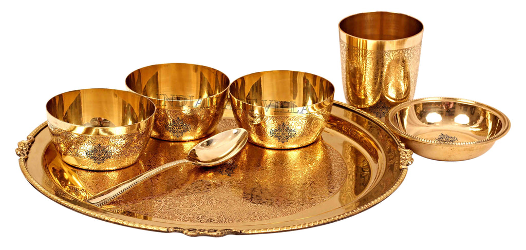 Brass Embossed Design Mughlai Style Dinner Thali Set  ( 7 Pieces )