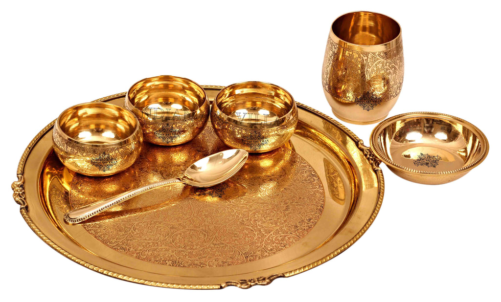 Brass Embossed Design Mughlai Style Dinner Thali Set ( 7 Pieces ) Brass Dinner Set IAV-BB-TW-107