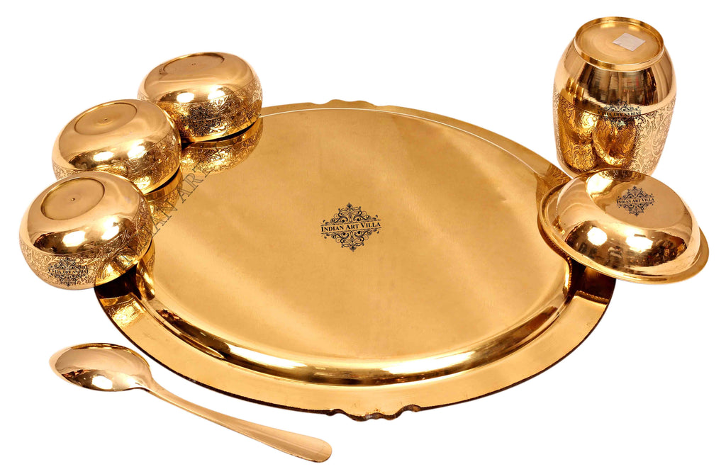 Brass Embossed Design Mughlai Style Dinner Thali Set ( 7 Pieces ) Brass Dinner Set IAV-BB-TW-107