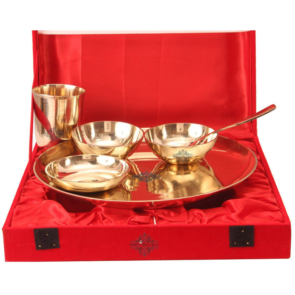 Bronze 6 Piece Thali Set with Red Velvet Box Bronze Dinner Sets K-1