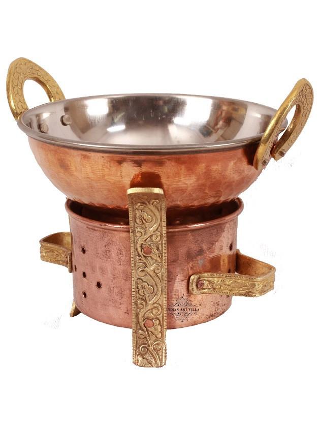 Copper Brass Sigri Angeethi Food Warmer with 1 Steel Copper Serving Kadhai & 1 Serving Spoon