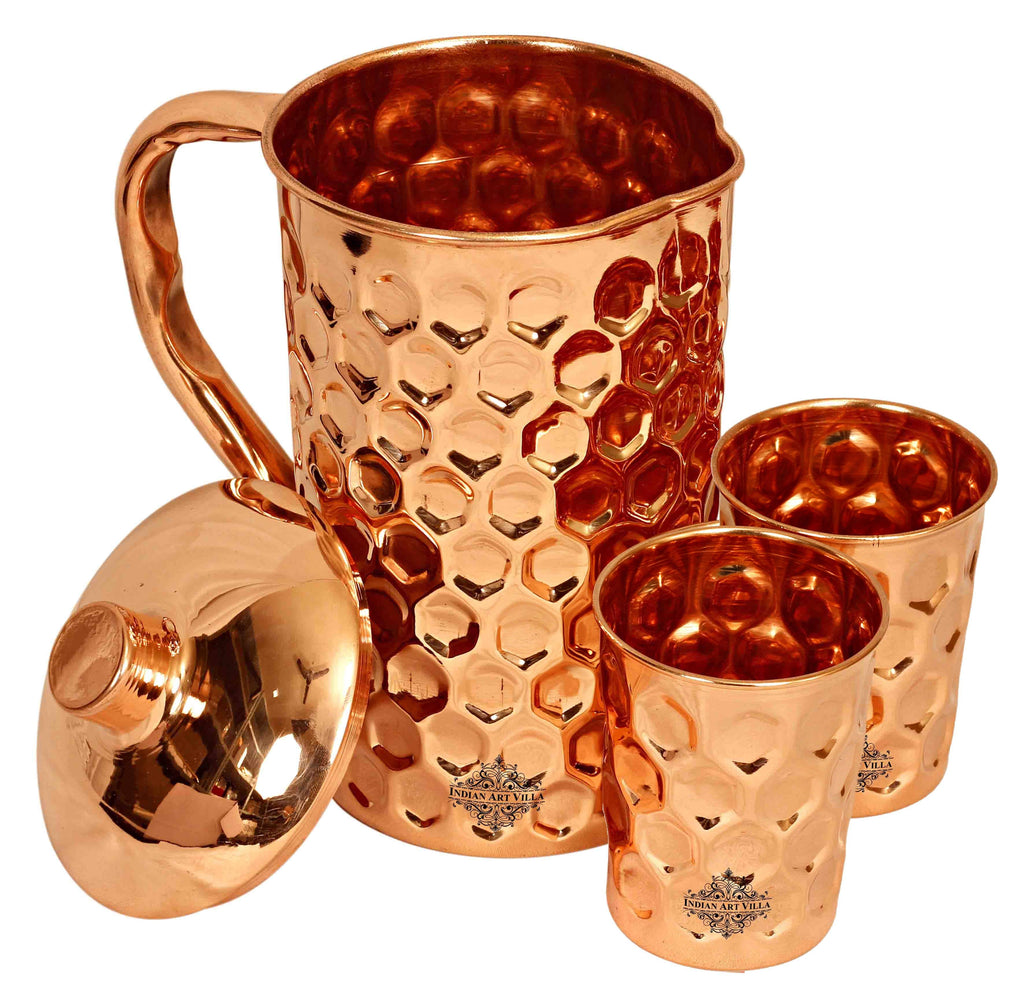 Copper Diamond Hammered Jug No.4 with 2 Diamond Glass ( 3 Pieces ) Copper Ware Drink Ware Combo CCB-DW