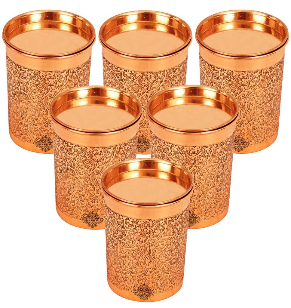 Copper Embossed Design Glass with Lid 10 Oz Copper Tumblers IAV-CCB-DW-1123 6 Pieces