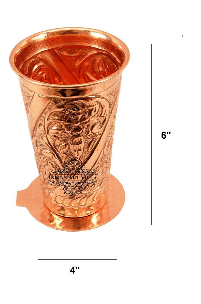 Copper Engraved Flower Design Glass Tumbler with Coaster | 525 ML
