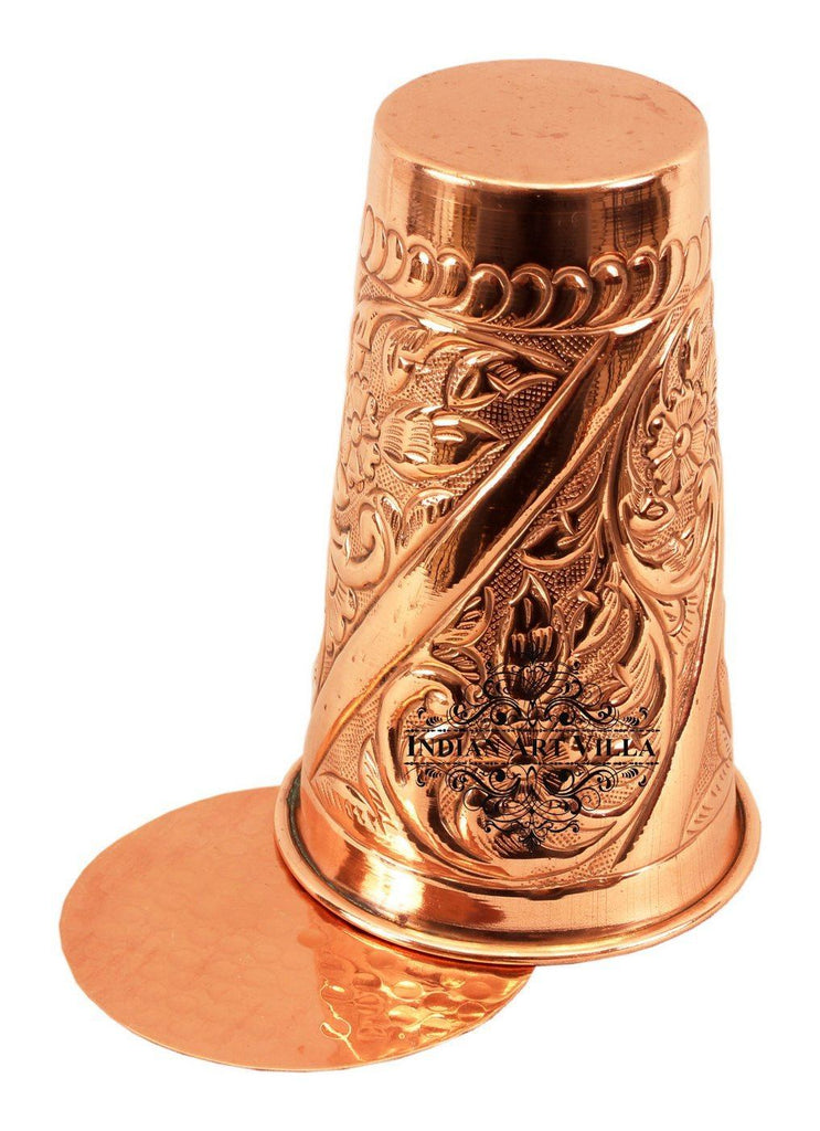 Copper Engraved Flower Design Glass Tumbler with Coaster | 525 ML Copper Ware Drink Ware Combo Indian Art Villa