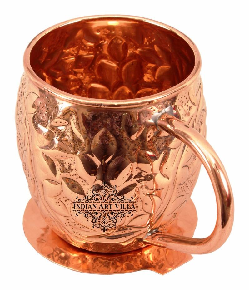 Copper Flower Design Round Beer Mug Cup 15 Oz with Coaster Coaster Beer Mugs Indian Art Villa