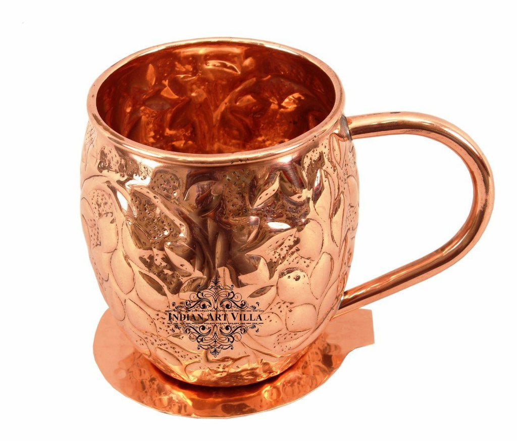 Copper Flower Design Round Beer Mug Cup 15 Oz with Coaster
