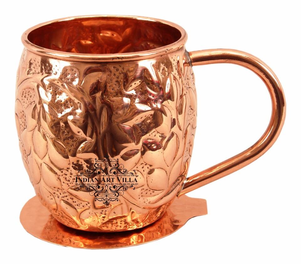 Copper Flower Design Round Beer Mug Cup 15 Oz with Coaster Coaster Beer Mugs Indian Art Villa