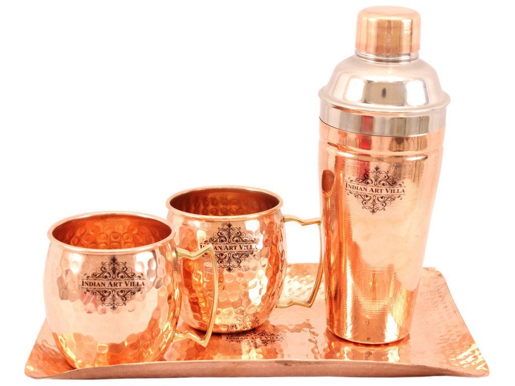 Copper Hammered 2 Mug Cups with Steel Copper Wine Shaker & 1 Hammered Tray Platter