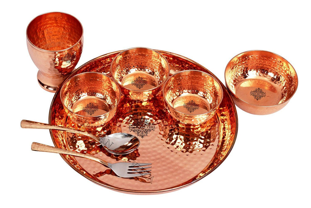 Copper Handmade Hammered Design Dinner Thali Set