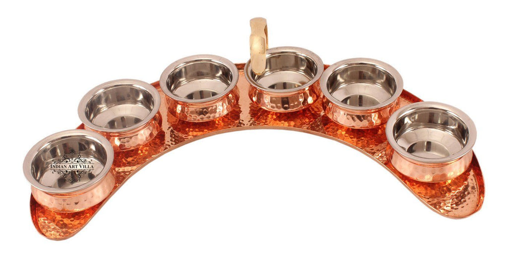 Copper Maharaja Style Half Moon Tray Plate with 6 Serving Sauce Pot