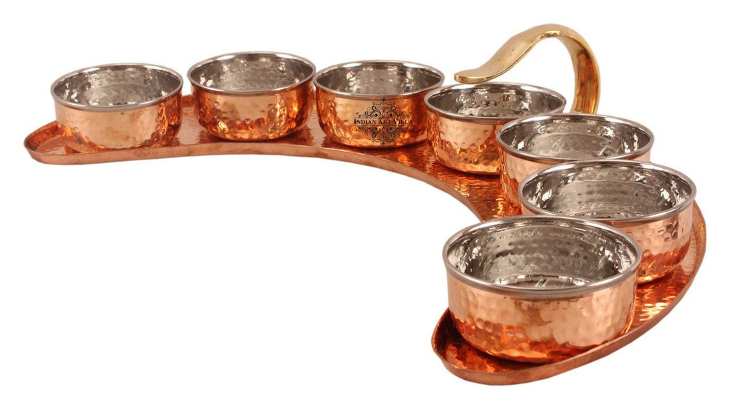 Copper Maharaja Style Half Moon Tray Plate with 7 Hammered Bowl Copper Ware Tableware Combo Indian Art Villa