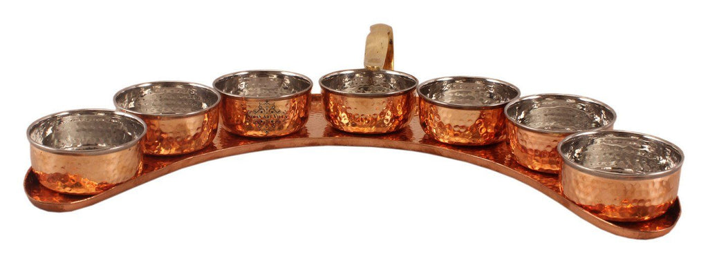 Copper Maharaja Style Half Moon Tray Plate with 7 Hammered Bowl Copper Ware Tableware Combo Indian Art Villa