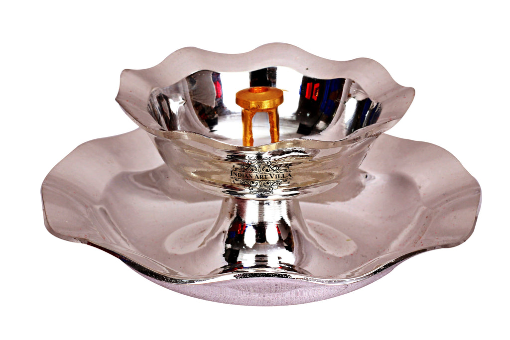 Glossy Silver Plated Diya Deepak, Arti Poojan Temple Aarti Lamp IAV-SP-3-162- 