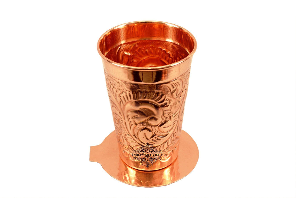 Pure Copper Engraved Flower Design Glass with Coaster 11 Oz