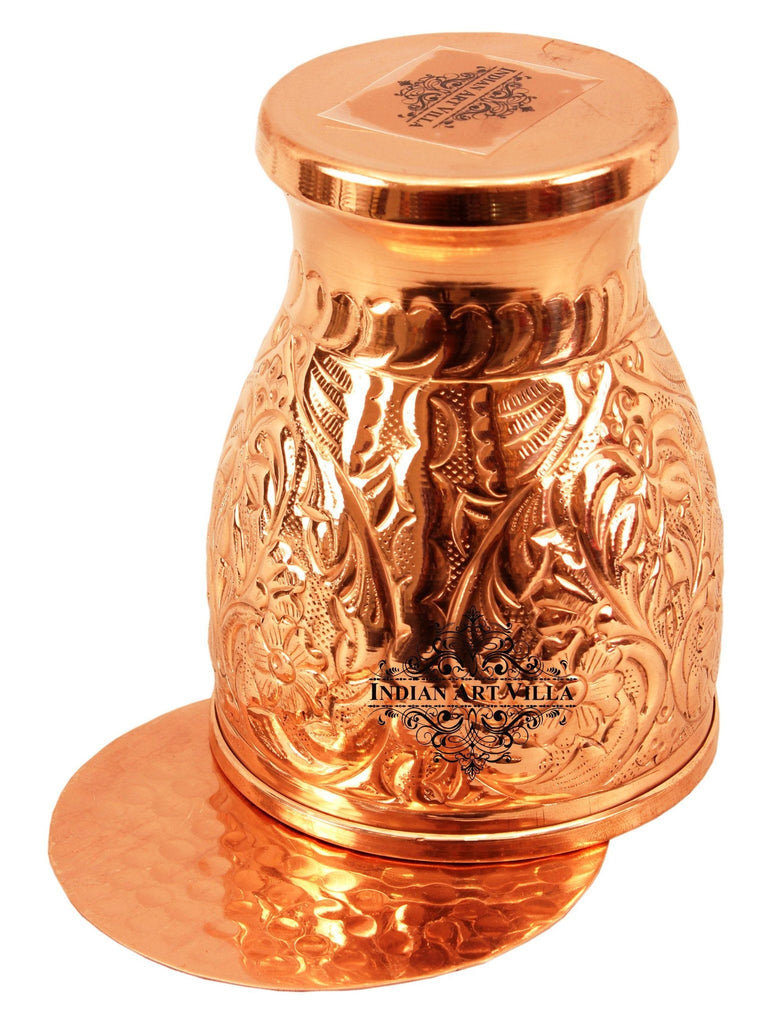 Pure Copper Engraved Flower Design Glass with Coaster 11 Oz Coaster Tumblers Indian Art Villa