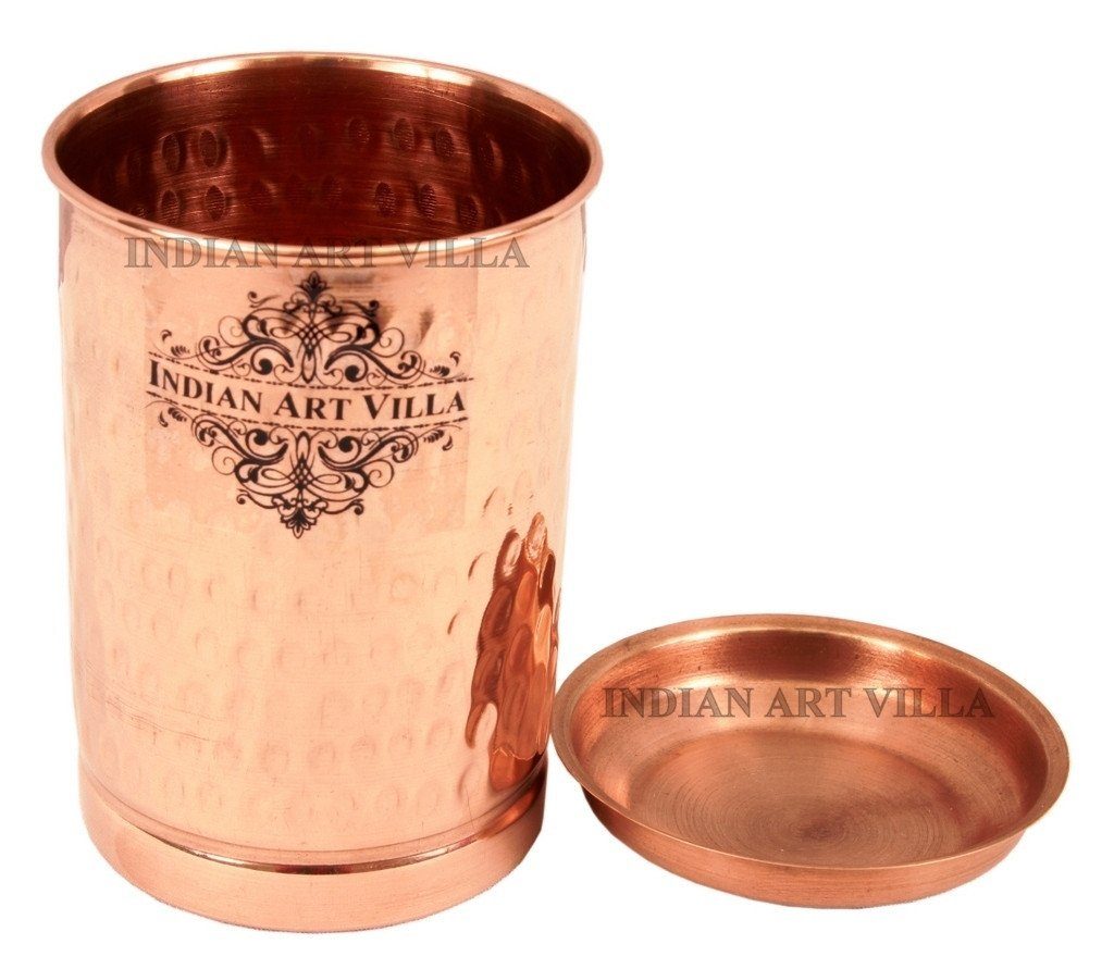 Pure Copper Hammered Glass with Lid 10 Oz Copper Tumblers Indian Art Villa