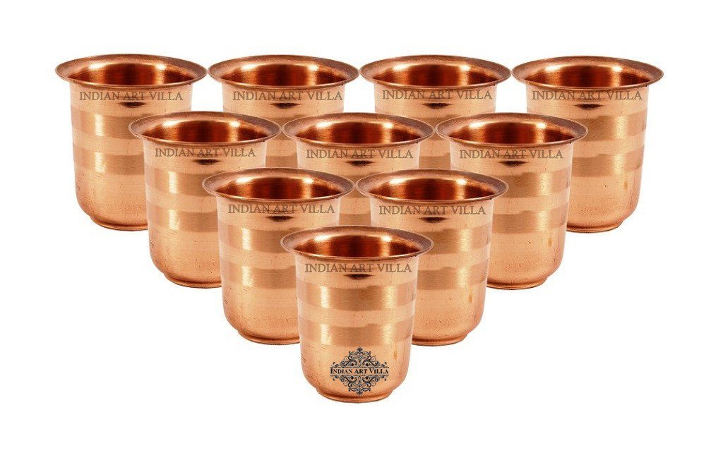 Pure Copper Set of 10 Glass Cup - 3 Oz each Copper Worshipping Tumblers Indian Art Villa