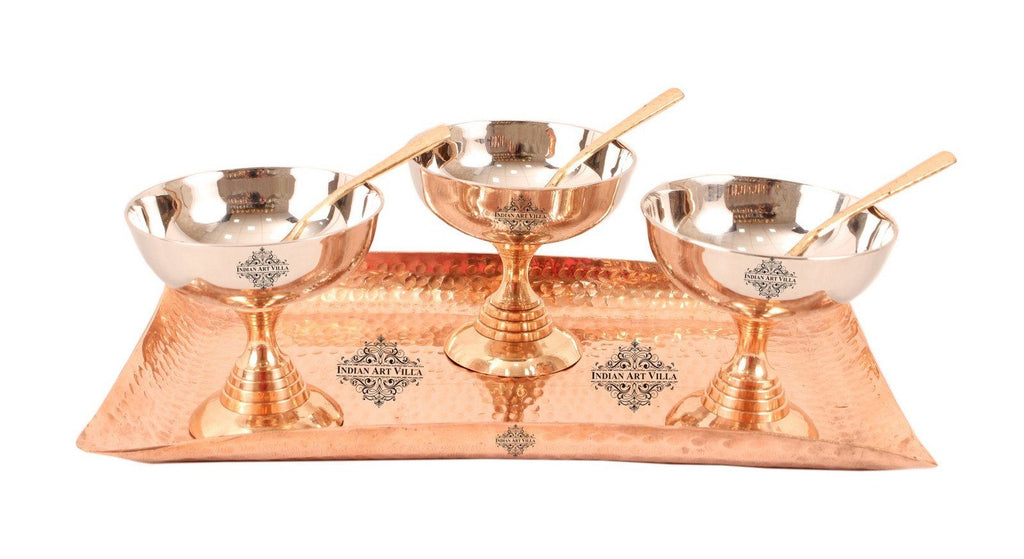 Set of 3 Steel Copper Desert Bowl | 130 ML each | with 3 Spoons & 1 Copper Hammered Rectangular Tray Platter