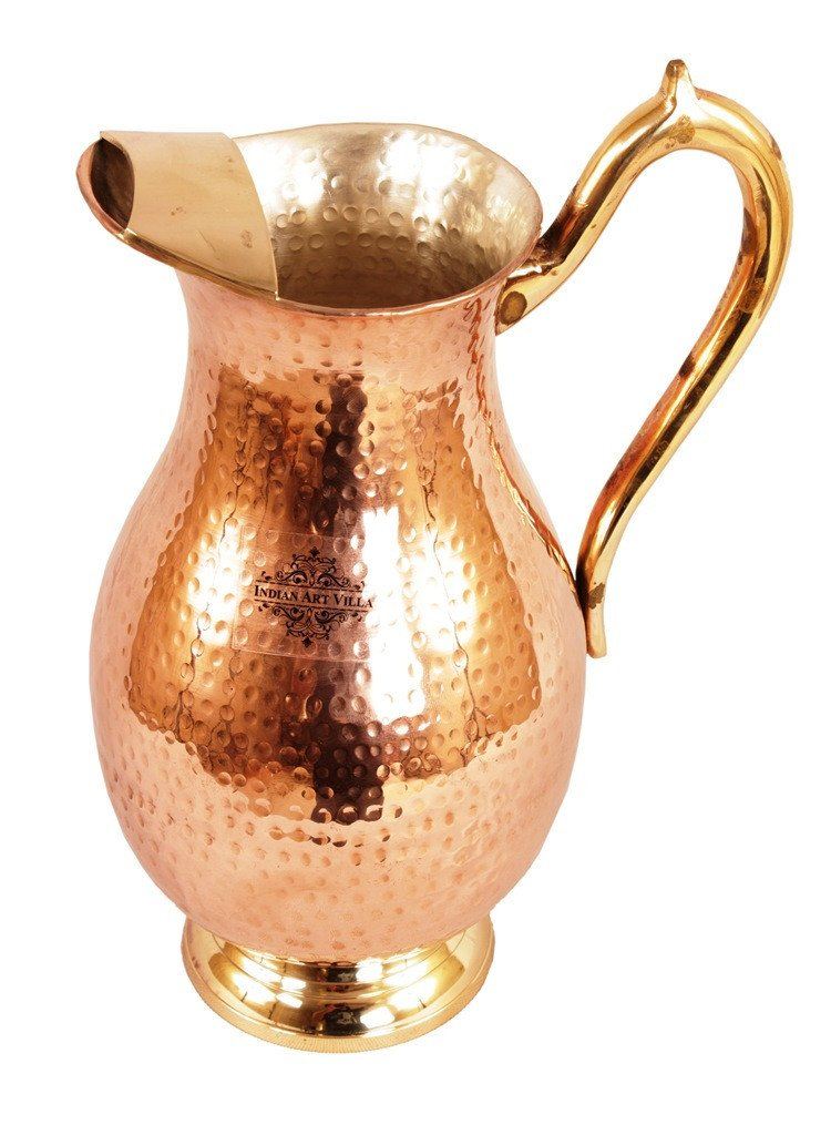 Set of 4 (8 Pieces Each) Copper Thali Dinner Set with 1 Copper Nickel Hammered Jug Pitcher | 1750 ML Copper Ware Tableware Combo Indian Art Villa