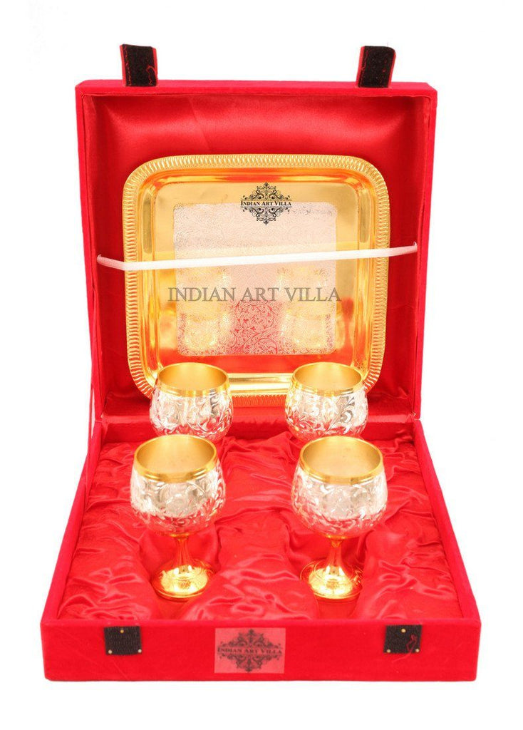 Set of 4 Silver Plated Gold Polished Wine Glass with a Square Tray