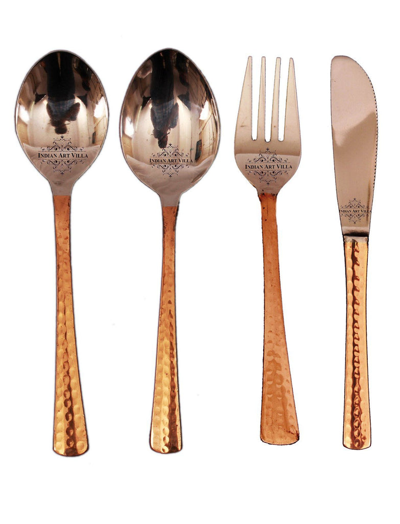 Set of 4 Steel Copper 2 Spoons with 1 Fork & 1 Knife Bread Spreader