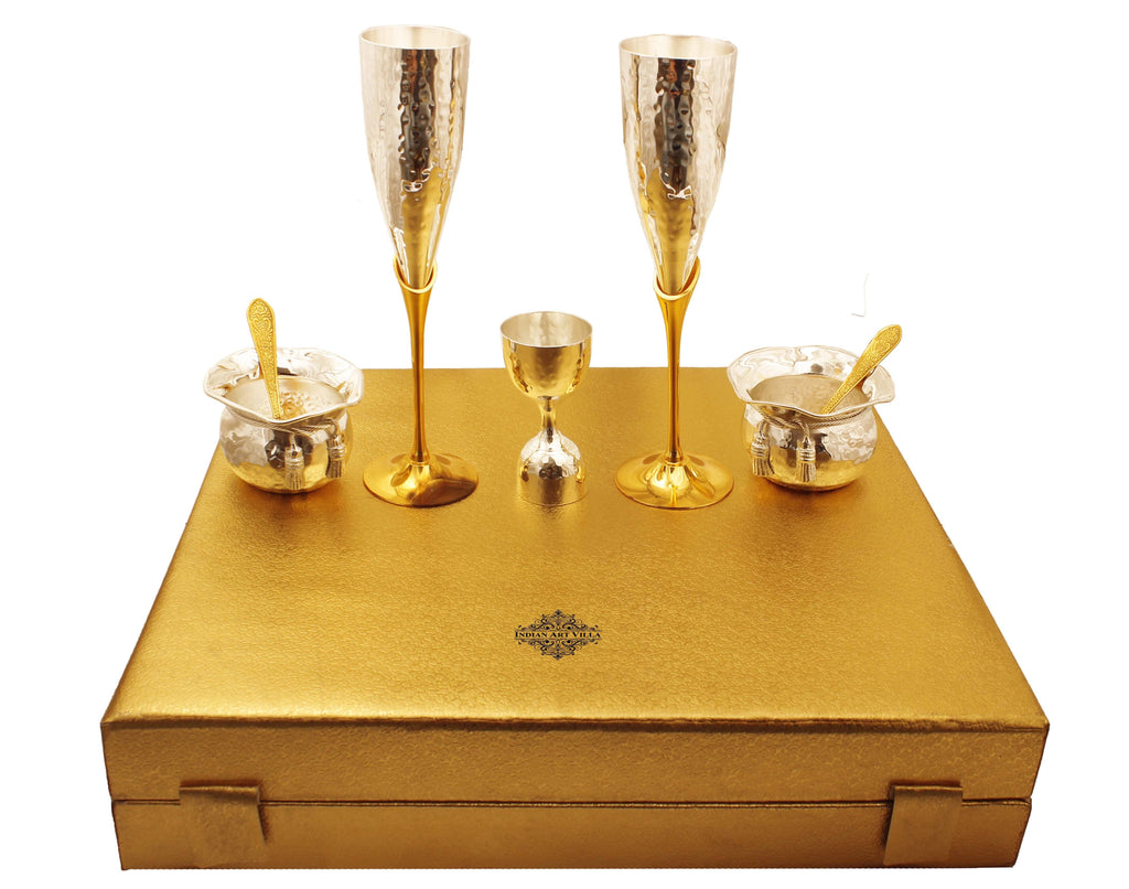 Silver & Gold Plated Champagne Glass, Silver 2 Bowl & Peg Measure, Gold Plated 2 Spoon Silver Plated Combo Sets IAV-SP-3-191 