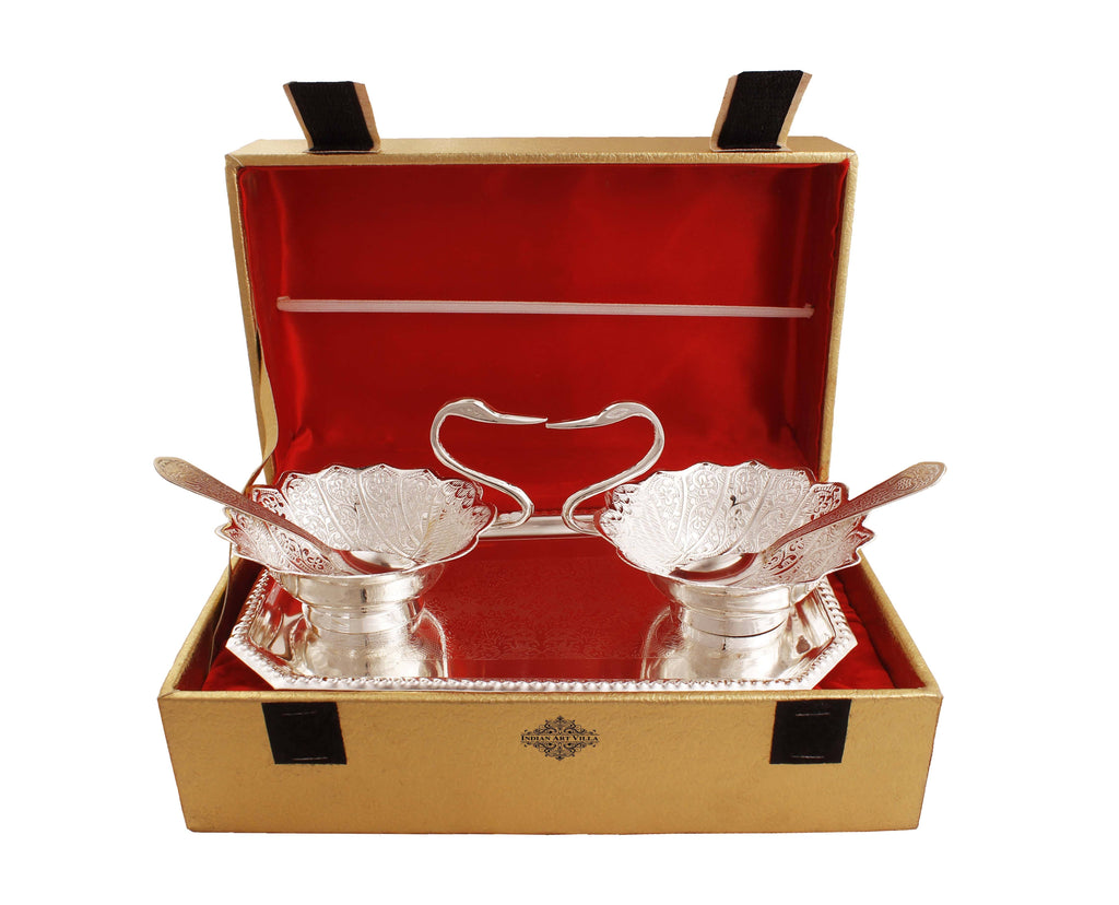 Silver Plated Duck Design 2 Bowl, 2 Spoon & 1 Tray, 5 Pieces Silver Plated Combo Sets IAV-SP-3-185- 