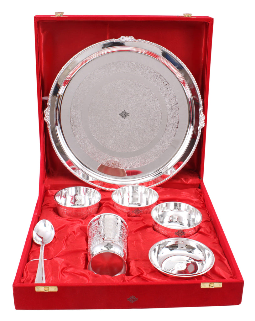 Silver Plated Embossed Design Thali Set 3 Bowl 1 Glass 1 Chuttni Bowl 1 Spoon 1 Plate (7 Pieces)