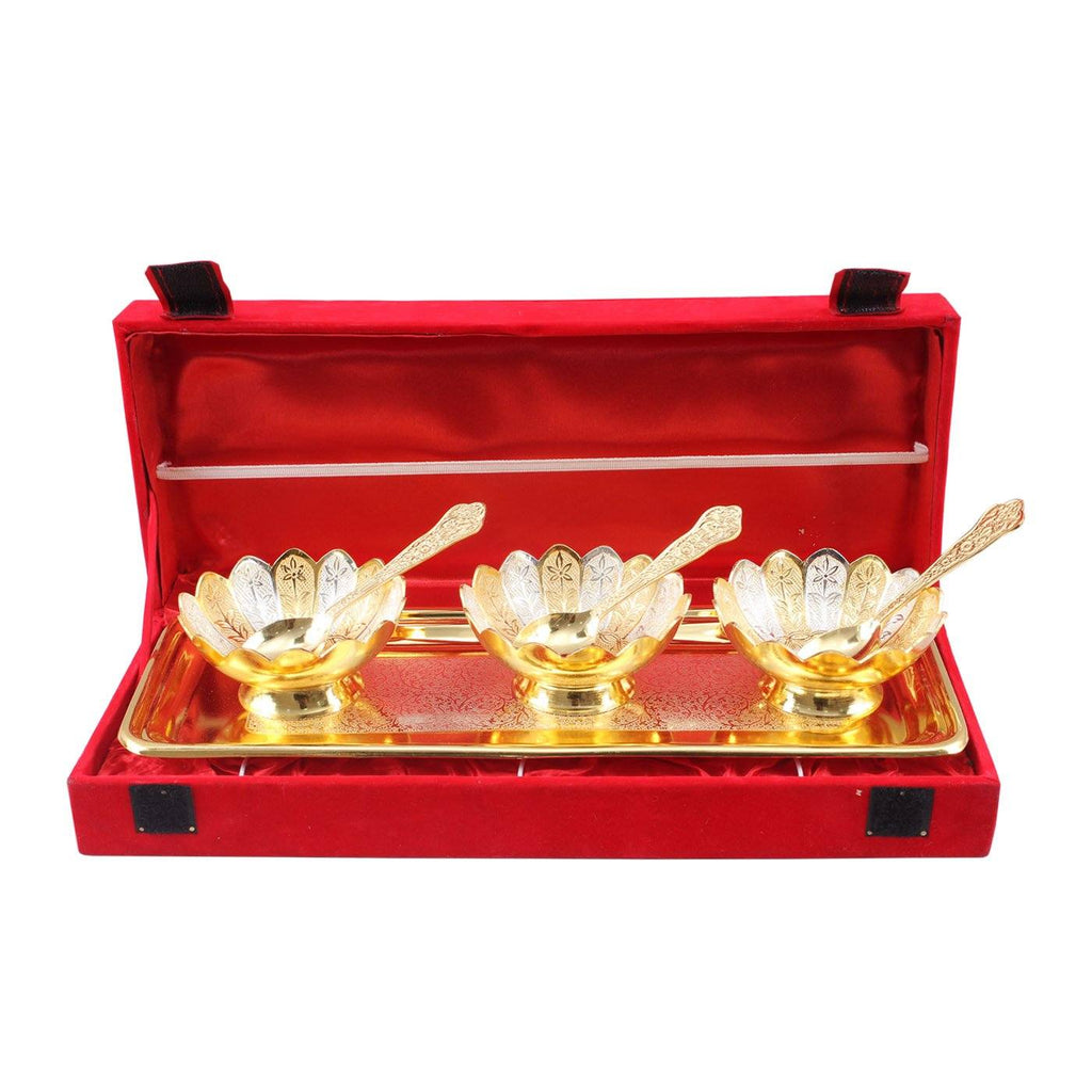 Silver Plated Gold Polish Set of 3 Lotus Design Bowl with 3 Spoon & 1 tray Silver Plated Combo Sets SP-3