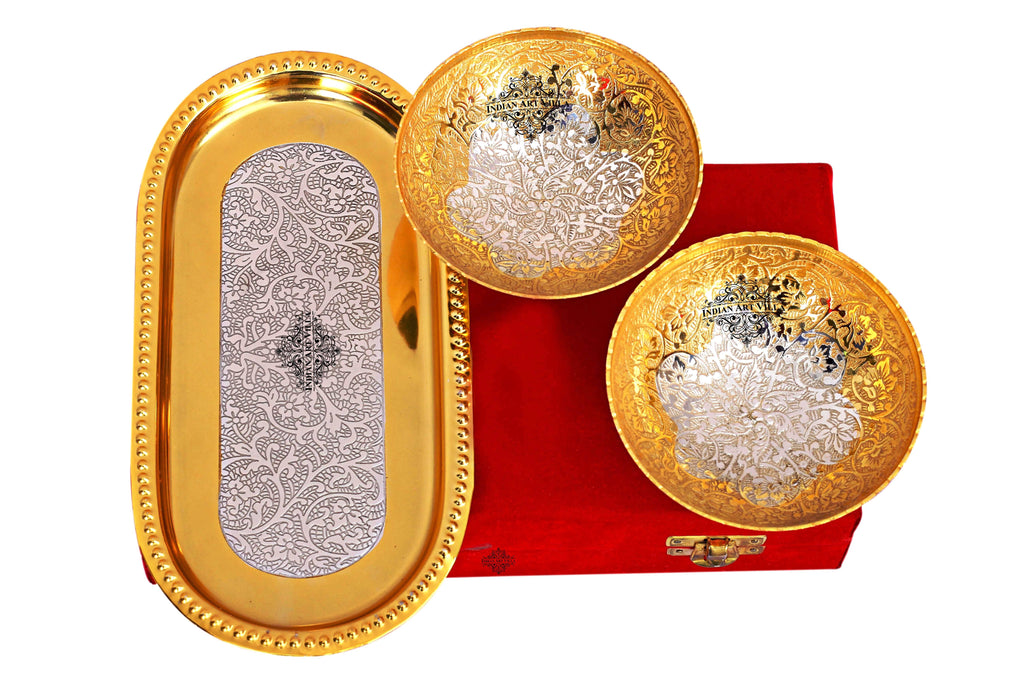 Silver Plated Gold Polished Set of 2 Bowl with Tray ( 3 Pieces) Silver Plated Combo Sets SP-3