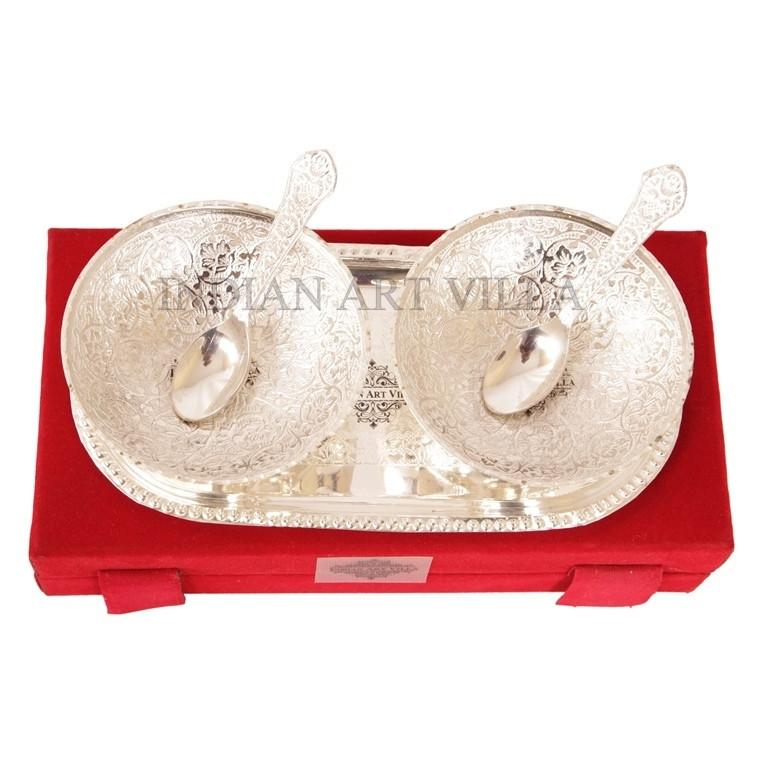 Silver Plated Set of 2 Bowls 2 Spoons and 1 Tray Silver Plated Combo Sets Indian Art Villa