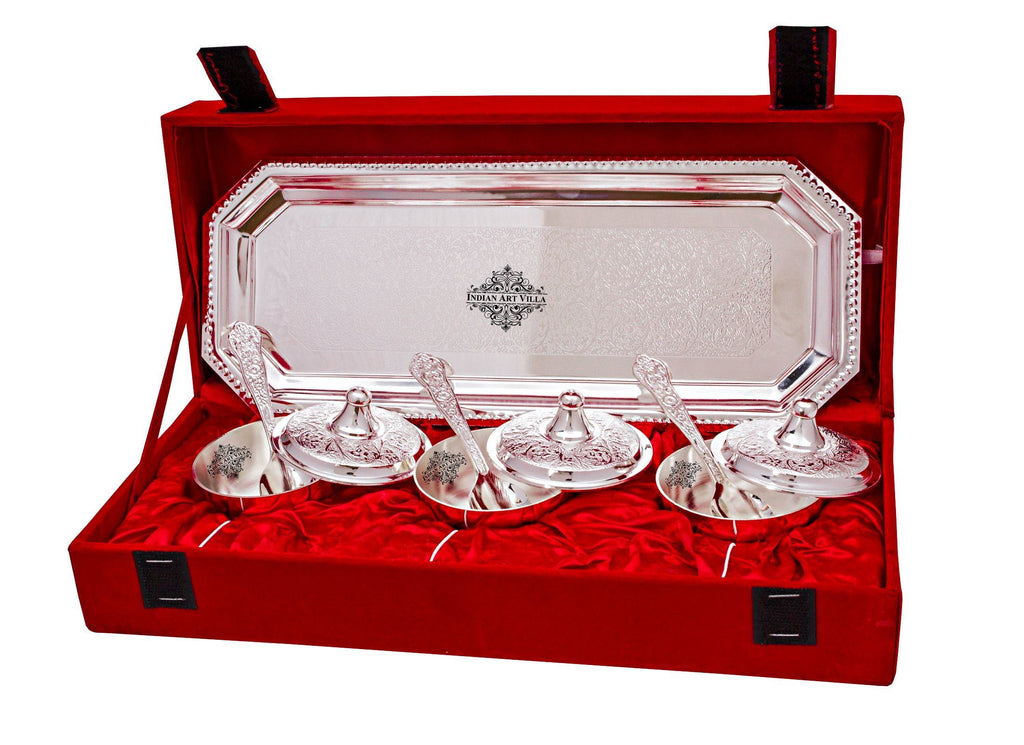 Silver Plated Set of 3 Beetel Bowl with 3 Spoon & 1 Tray ( 7 Pieces)