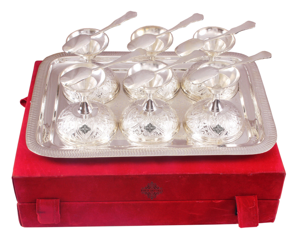 Silver Plated Set of 6 Ice Cream Bowl with 6 Spoon & 1 Tray Silver Plated Ice-Cream Bowl Sets SP-3