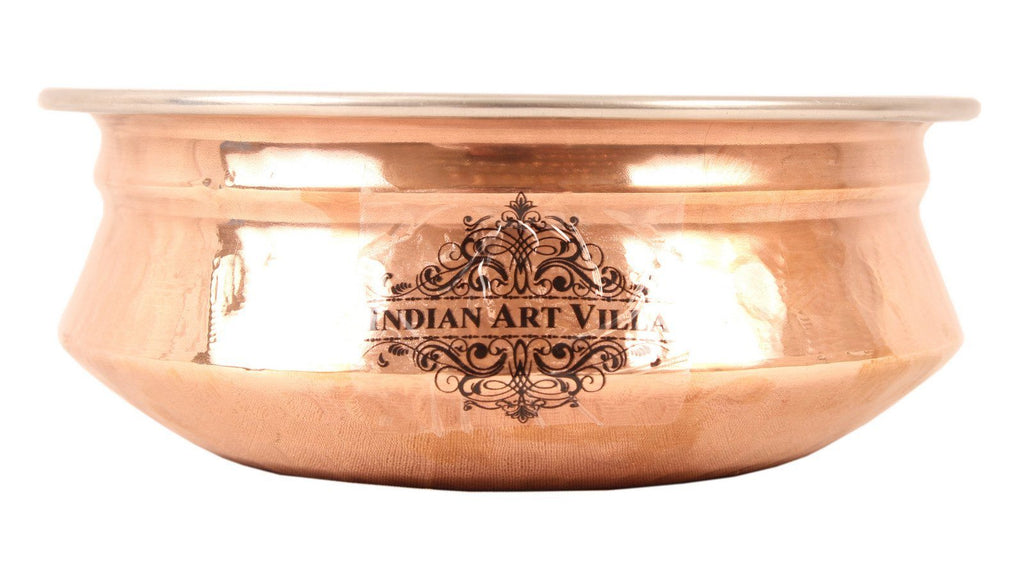 Steel Copper Dish Serving Handi | 750 ML | with 1 Kadhai Kadai Wok Bowl | 750 ML Steel Copper Serve Ware Combo Indian Art Villa