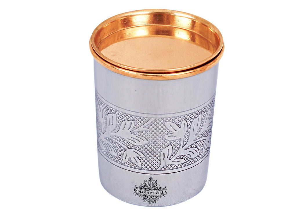 Steel Copper Embossed Design Glass with lid 8 Oz Set Copper Tumblers IAV-SCB-DW-197-E-