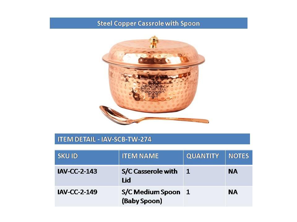 Steel Copper Hammered Casserole Donga with Lid | 1200 ML | & 1 Serving Spoon Steel Copper Serve Ware Combo Indian Art Villa