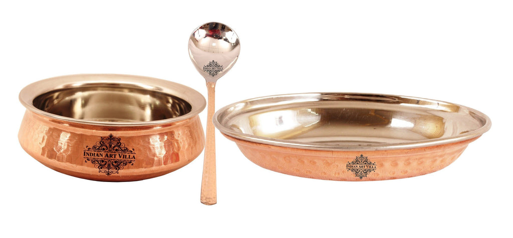 Steel Copper Handi | 750 ML | with 1 Platter | 800 ML | & 1 Serving Spoon
