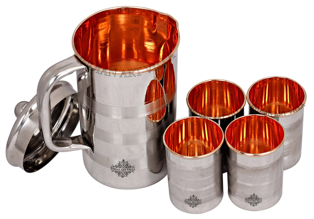 Steel & Copper Jug No.4 With Brass Knob & Glass set of - 3 Pieces | 5 Pieces | 7 Pieces Copper Ware Drink Ware Combo SCB-DW 5 Pieces