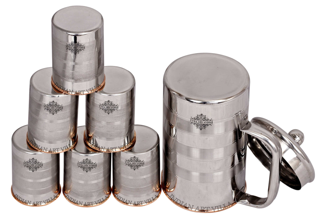 Steel & Copper Jug No.4 With Brass Knob & Glass set of - 3 Pieces | 5 Pieces | 7 Pieces Copper Ware Drink Ware Combo SCB-DW
